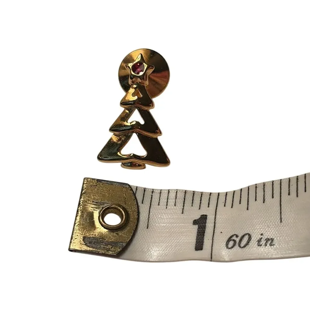 Vintage Gold Tone Christmas Tree Tack Pin Red Crystal Star Holiday Brooch